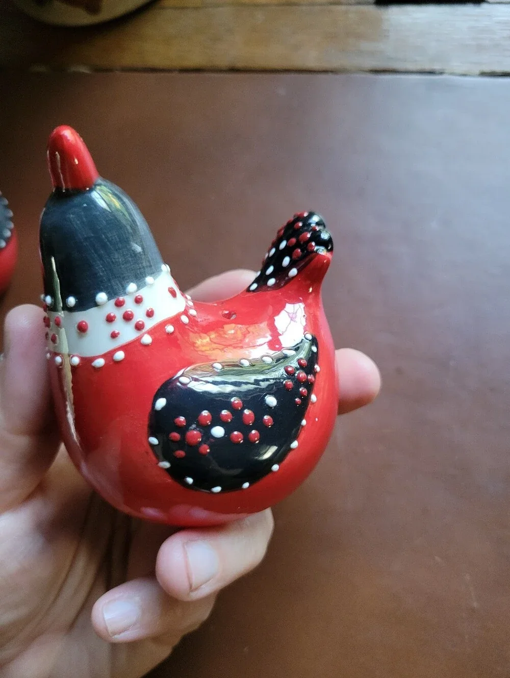 Ceramic Chicken Shaped Polka Dot Salt & Pepper Shakers Black White Red Set